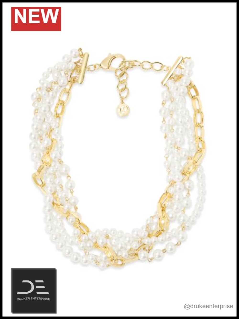 Gold Plated Brass Twisted 5 Strand Pearl Necklace 17"